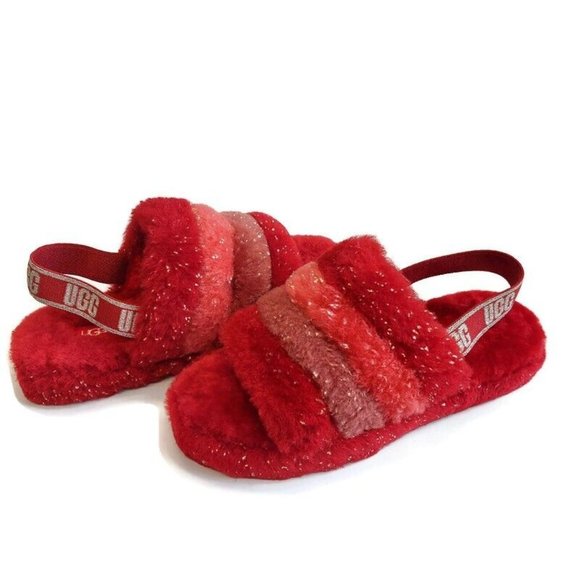 UGG Womens Size 6 Fluff Yeah Metallic Sparkle Slide Backstrap Slippers Red Multi - Picture 8 of 8